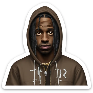 travis scott dressed drip with a text upon his head saying darin sticker