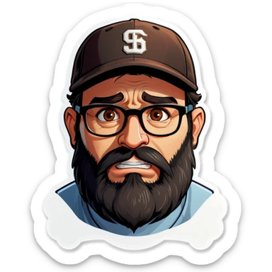 A man with a grey baseball cap, hazel eyes, big dark brown beard and glasses, crying sticker