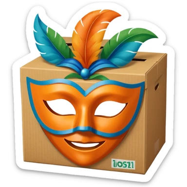 a box and a carnival mask in orange, blue and green on top of it , trying to make a carnival pack sticker
