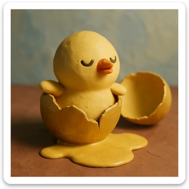 A golden broken egg in claymation style with a small chick coming out, matte texture with visible fingerprints, pastel colors. sticker