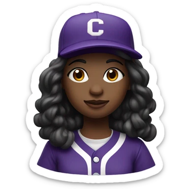 baseball card character. black girl. long hair. letter C logo. Purple and white uniform.  sticker