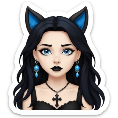 A girl with long black hair and blue eyes, black eyeshadow, black eye liner, mascara, and black lipstick, and black skull earrings. Also a black sexy dress and wolf ears  and a black pendent necklace and a black cross below her right eye sticker