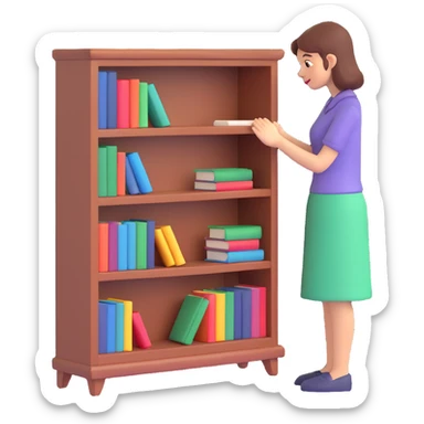 a sad woman looking at a small bookcase sticker