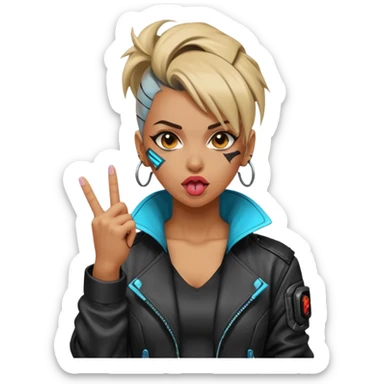 Woman with her tongue out in cyberpunk clothing and giving the middle finger. Looking naughty. sticker