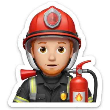 red haired Firefighter with respiratory protection with fire extinguisher sticker