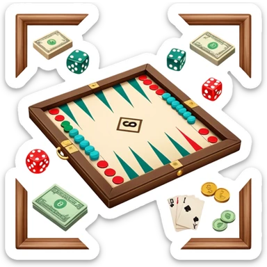 A photorealistic icon featuring a backgammon board with dice, a Monopoly board with money and property cards and a Game of Life spinner. The design captures the detailed textures of the boards, pieces, and accessories. Transparent background. sticker