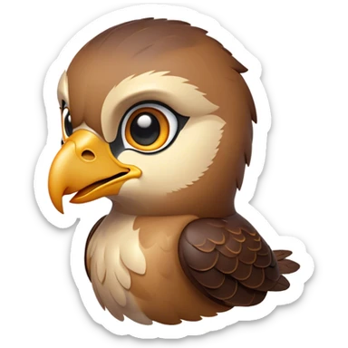 Cinematic Cute Hawk Portrait Emoji, Head tilted playfully and inquisitively, featuring a compact, streamlined form with a delicately curved beak and round, sparkling eyes full of curious charm, Simplified yet irresistibly adorable features, highly detailed, glowing with a warm, inviting glow, high shine, affectionate and lively, stylized with a touch of whimsical aerial grace, soft glowing outline, capturing the essence of a mischievous yet endearing hawk that seems as if it could swoop out of the screen into your heart! sticker