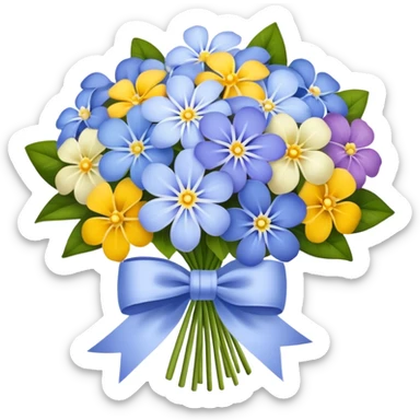 Periwinkle bouquet with assorted flowers, tied with a white bow sticker