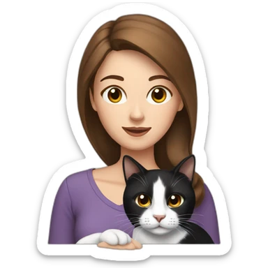woman with brown hair holding a black and white cat sticker