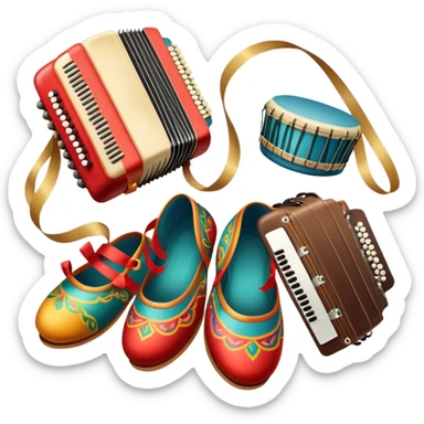 Icon for Folk Dance: close-up traditional dance shoes, colorful folk costumes, and a dance circle with ribbons and musical instruments like a tambourine or accordion. The icon should represent the vibrant and cultural aspects of folk dancing. Transparent background. sticker