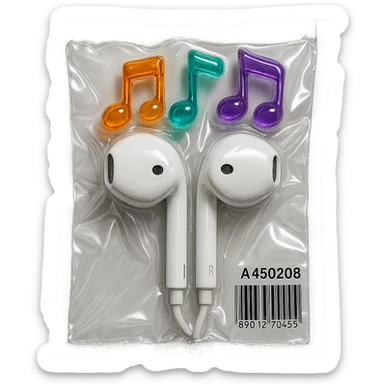 pair of white EarPods with three colorful transparent music notes in orange, teal, and violet arranged above, shiny and puffy sticker