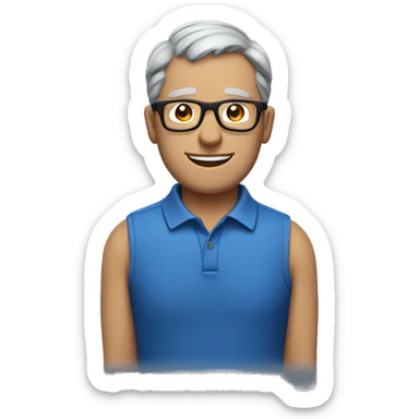 grey short hair middle age man, blue polo, black glasses sticker