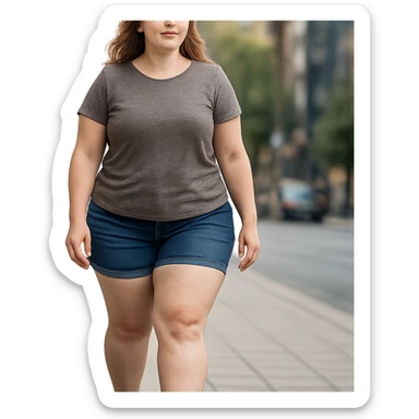 hyper realistic 4K woman walking outdoors, fat on thighs and legs, normal physique, urban background, relaxed atmosphere sticker