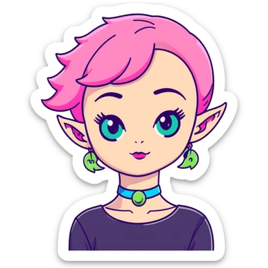 girl with blue eyes, pink makeup, narrow eyebrows, earrings, green alien head choker, black and pink blouse, curly shoulder-length hair, half hot pink half ginger, short straight baby bangs sticker