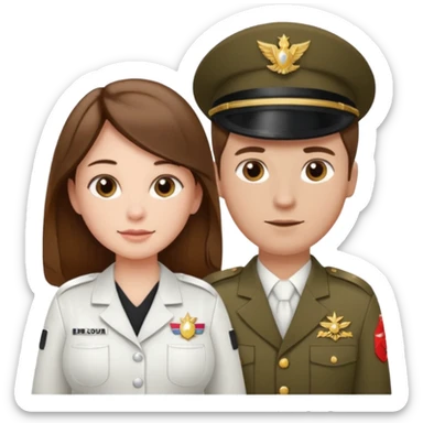 

"Woman with long brown hair and fair skin, pregnant, wearing a white cosmetologist uniform, and man with short brown hair and fair skin (without mustache), wearing a brown military uniform."

 sticker