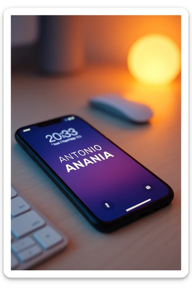 A photo of an iPhone on the desk with the message "Antonio Anania" on its screen, The phone sits atop a desk with a blurred background that suggests work environment. A faint glow from above casts gentle shadows across the surface of each object, creating depth and highlighting their textures sticker