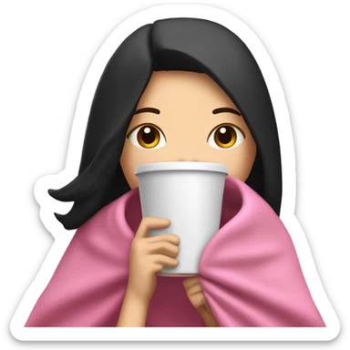 white girl with black straight hair inside a pink blanket sipping coffee eyes closed sticker