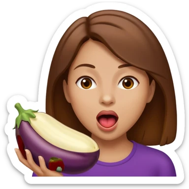 Brown hair light skin woman mouth open about to eat an eggplant sticker