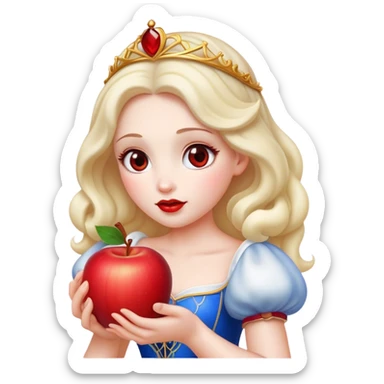 Cinematic Elegant Snow White Portrait Emoji, Delicately holding a red apple, eyes glimmering with mystery, soft curls perfectly placed, her royal presence glowing with a warm, enchanting charm! sticker