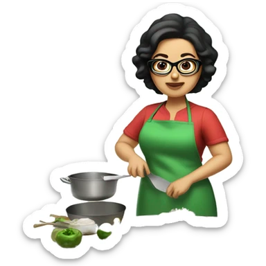 chubby lady with black hair green apron  with glasses cooking tacos sticker