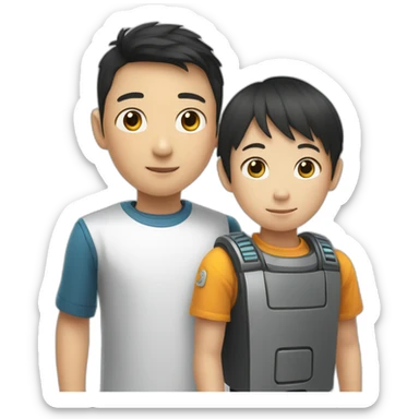 a AI robot and a asian kid boy, hand in hand sticker