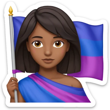eu com a bandeira bissexual, sou parda, com cabelos negros que vão até a altura dos ombros levemente ondulados, olhos castanhos, sticker