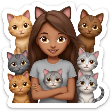 a pretty bratz dusky girl with long brown hair with six cats nd wearing a grey tshirt sticker