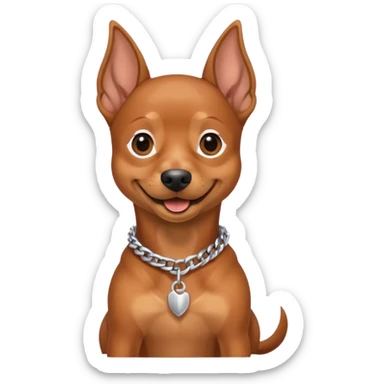 a pinscher dog sitting and smiling with a silver chain in the neck sticker