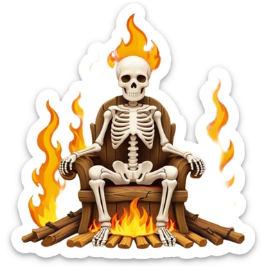 A skeleton sitting on a throne. Throne on fire around him sticker
