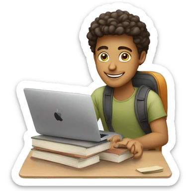 Generate me an emoji of a guy with book and macbook ( student ). He looks happy  sticker