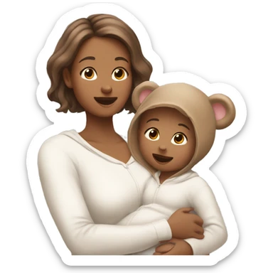 White skinned mum and baby girl, both with light brown hair, and both wearing matching bear onesies sticker