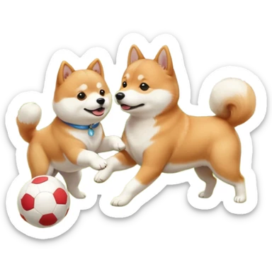 2 dogs, a ginger shiba inu and a small white dog breed coton de tulear, playing with a ball in a sunny garden sticker