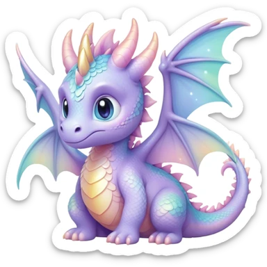 Cinematic fluffy pastel dragon, tiny round wings, chubby feet, sparkling gentle eyes, delicate glowing scales, soft colors blending magically, enchanting and whimsical. sticker