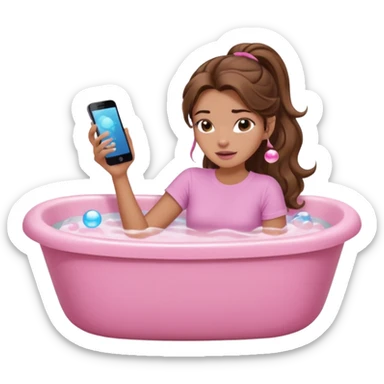 girl with wavy long ponytail brown hair, brown eyes, light to medium complexion, long lashes, light pink lipstick, wearing light pink shirt, lying full body in a bathtub with bubbles sticker