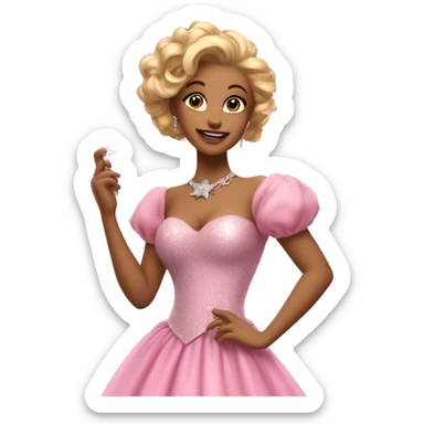 An elegant woman with golden-blonde curls in an updo. Wearing a sparkling pink ball gown with puffed sleeves. She holds a silver star wand and has a kind, radiant expression. Embodying charm and magic. sticker