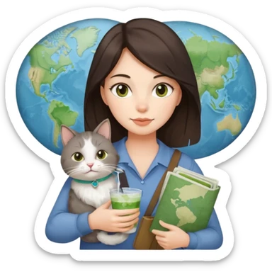 a brunette woman in here 30S drinking an iced matcha, carrying a grey cat and a map of the world sticker
