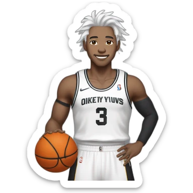 Chinese idol wearing white straps, gray pants and black shirt with white hair holding a basketball in his right hand sticker