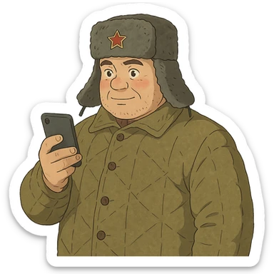 ghibli style illustration of a Russian military blogger in ushanka and vatnik, holding a phone sticker