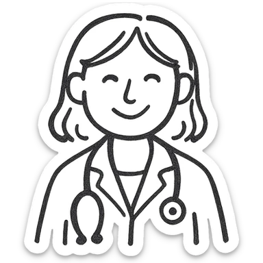 female doctor, hand-drawn doodle style, white coat, stethoscope, cheerful sticker