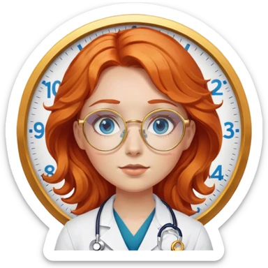 Girl doctor wavy orange red hair blue eyes in gold glasses , a clock nearby sticker
