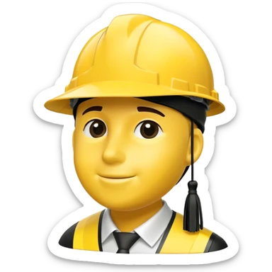A bright yellow hard hat with a small black tassel hanging from one side, combining the traditional graduation cap with an engineer's safety helmet. The helmet has realistic ridges and a sturdy design, symbolizing construction, engineering, and technical expertise. The tassel is slightly swaying, adding a graduation touch. The background is plain white. sticker