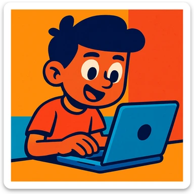 a boy using a laptop, vibrant cartoon style sticker