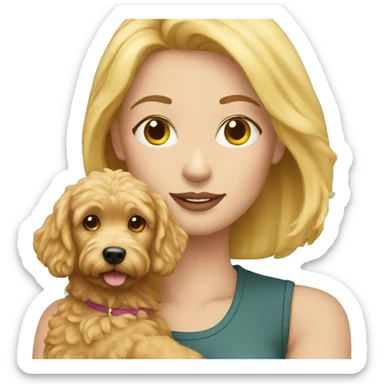 Blonde woman holding a mini golden doodle sticker
