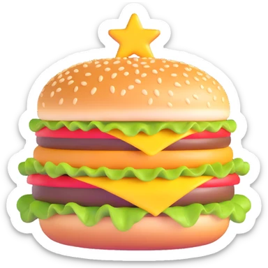 cheeseburger with exaggerated juicy textures, vivid colors, and a shiny bun sticker