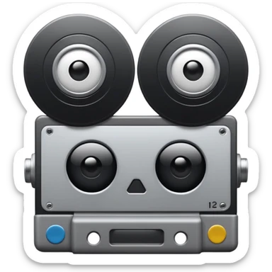 Minimalist emoji-style sticker of a VHS tape where the reels look like eyes, staring out. Black, white, and gray tones only.
 sticker