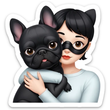 girl with short black straight bangs hair wearing a mask and hugging a black French bulldog sticker