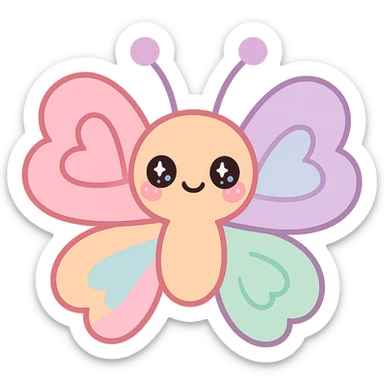 kawaii butterfly with heart-shaped wings, blushing cheeks, pastel rainbow colors, smiling expression, glittery makeup sticker