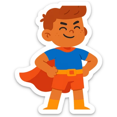strong kid with superhero cape, confident pose, playful style, vibrant colors sticker