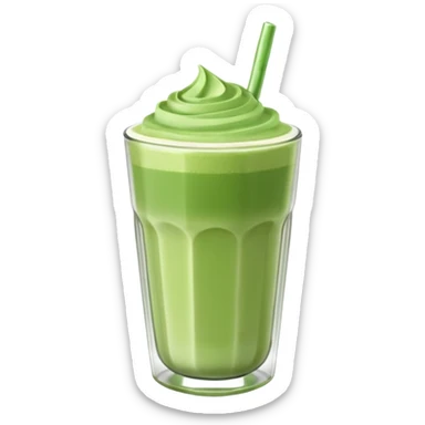 Emoji glossy 3D de un vaso de matcha latte, vaso de vidrio transparente con matcha espumoso verde pastel, capas suaves de leche y matcha, brillo intenso tipo sticker, sombras delicadas, fondo transparente, estilo cute moderno, alta calidad sticker