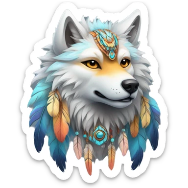 Fluffy Shy Colorful Spiritual Shamanic Wolf With Shiny Tribal Markings wearing feathers Full Body sticker